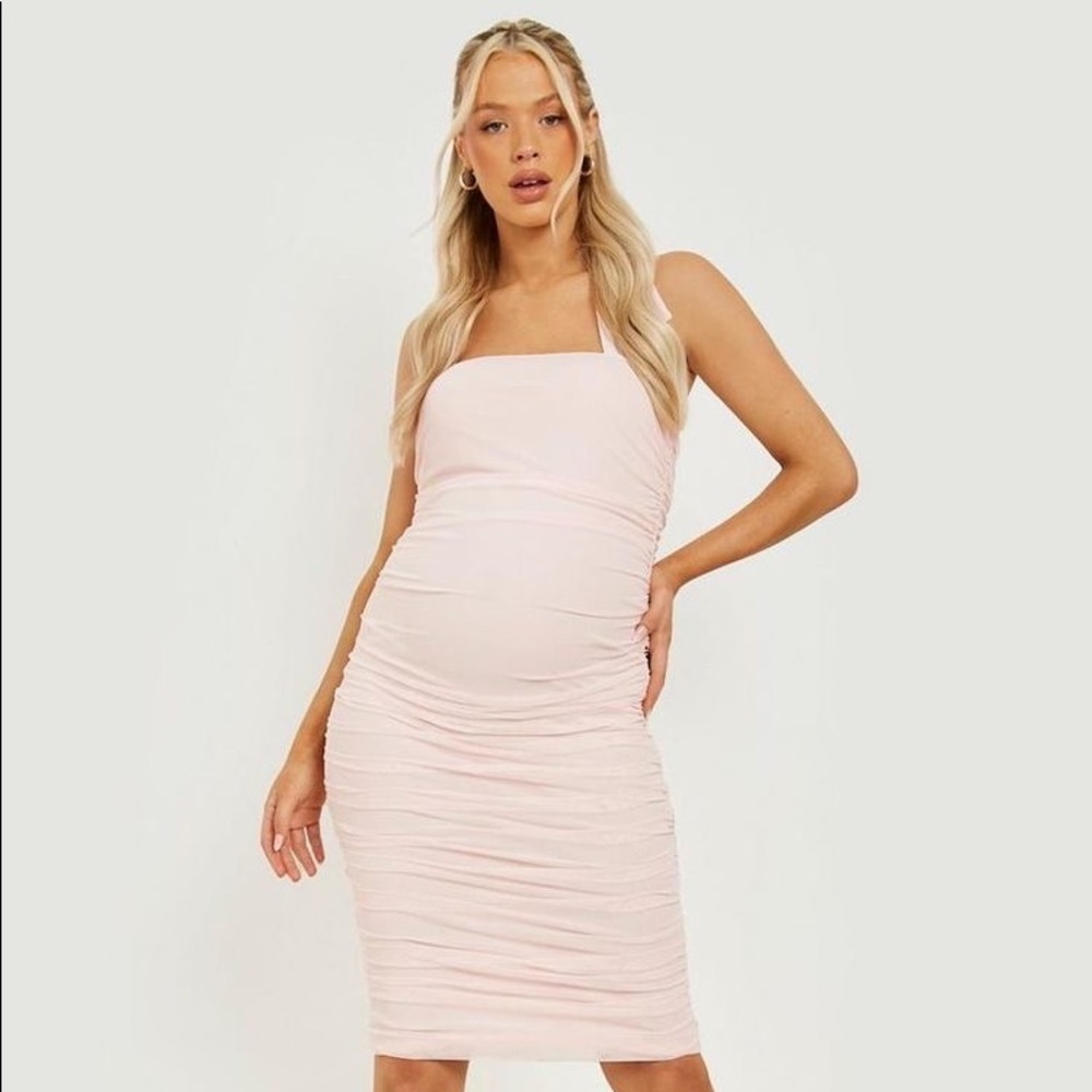 BOOHOO MATERNITY RUCHED HALTER NECK MIDI DRESS